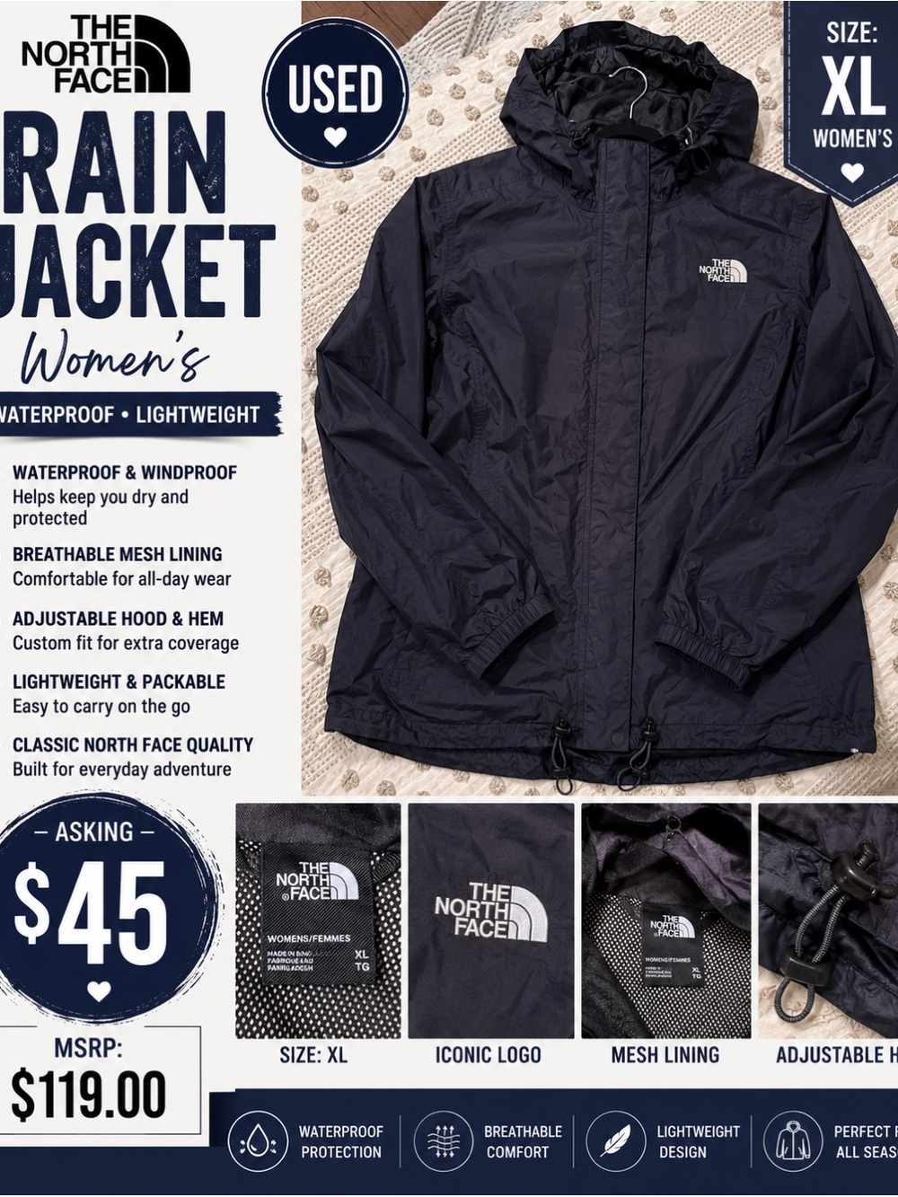 The North Face Women's Black Packable Rain Jacket